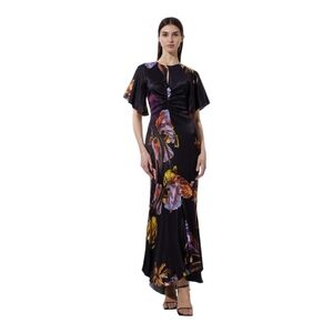 Karen Millen Floral Satin Crepe Woven Angel Sleeve Maxi Dress Black Size 10